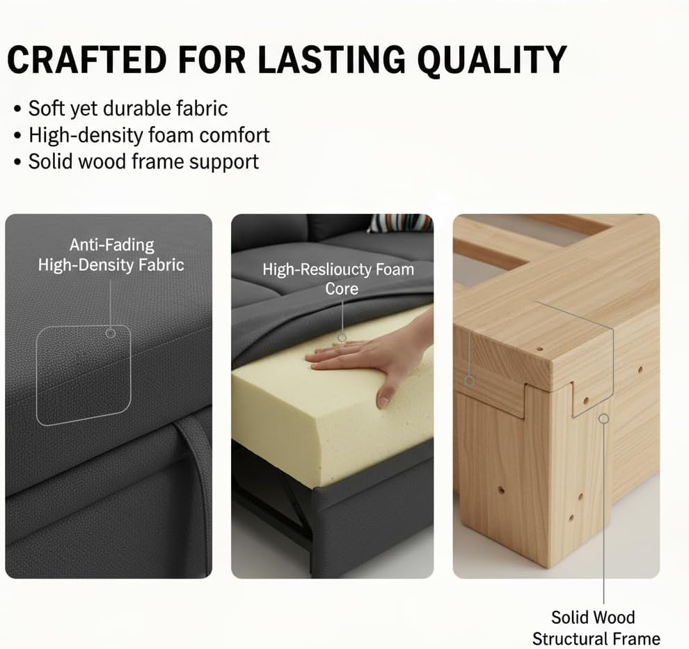 Sectional Sleeper Sofa with Pull Out Bed, L Shape Convertible Couch with Storage Chaise, Comfy Sleeper Couch, 2 in 1 Pull Out Sofa Bed with 5 Seats, for Living Room, Apartment, Black Gray