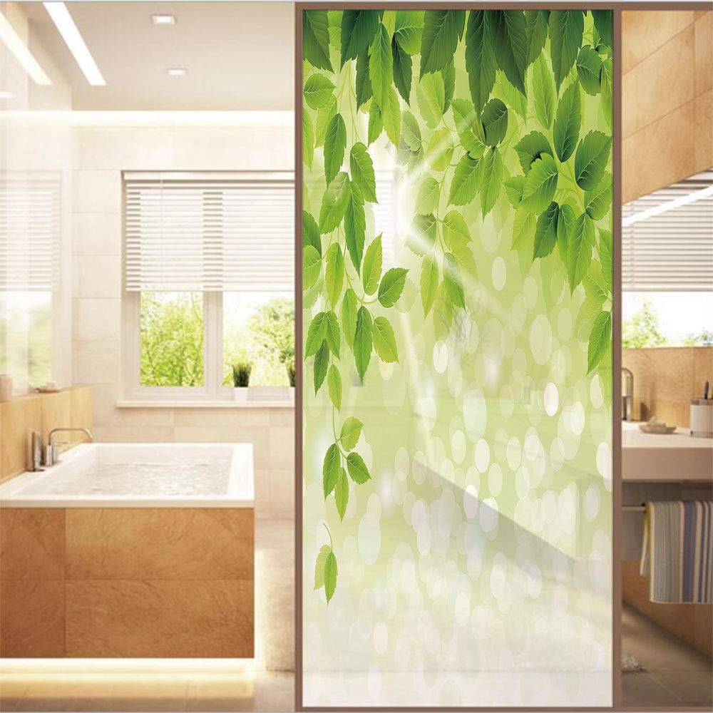 Decorative Window Film,No Glue Frosted Privacy Film,Stained Glass Door Film,Summer Spring Branch Leaves Foliage on Abstract Backdrop Decorative,for Home & Office,23.6In. by 47.2In Forest Green Light G