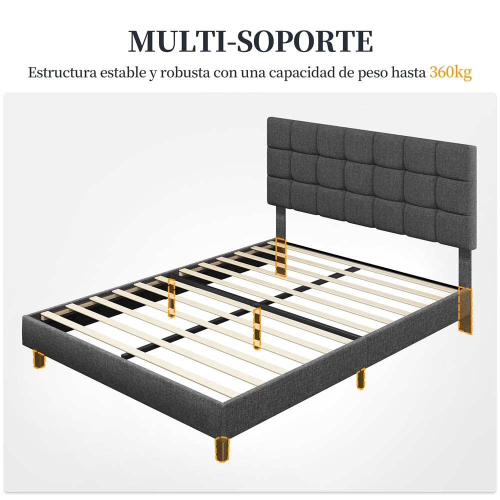 Yaheetech Marco de Cama Tapizada de 140 x 200 cm Camas de Matrimonio con Cabecero Regulable en Altura Estructura Estable con Listón de Madera, Color Gris Oscuro