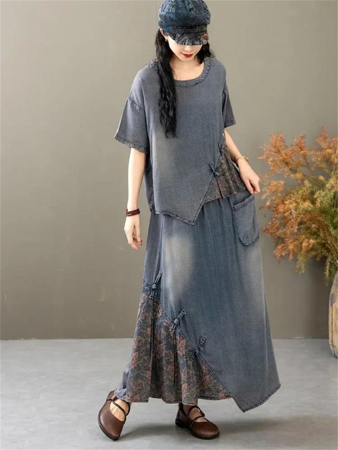 Women's Printed Denim Tops Floral Skirt Two Pieces Sets