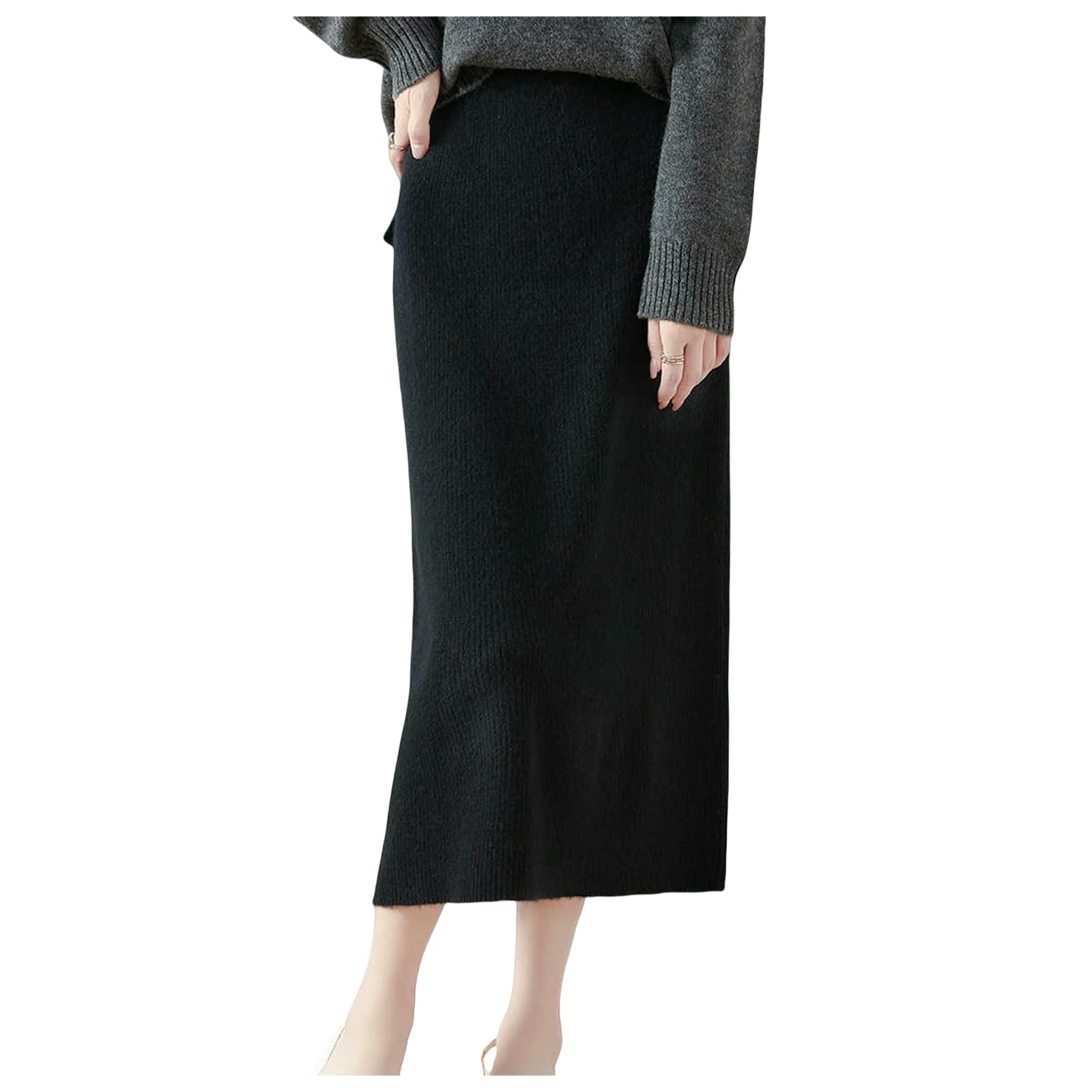 Gonna Lunga Gonne in Vita Elastica da Donna Abito Semplice Lavorato A Maglia Ispessimento Autunno Inverno-Nero-s