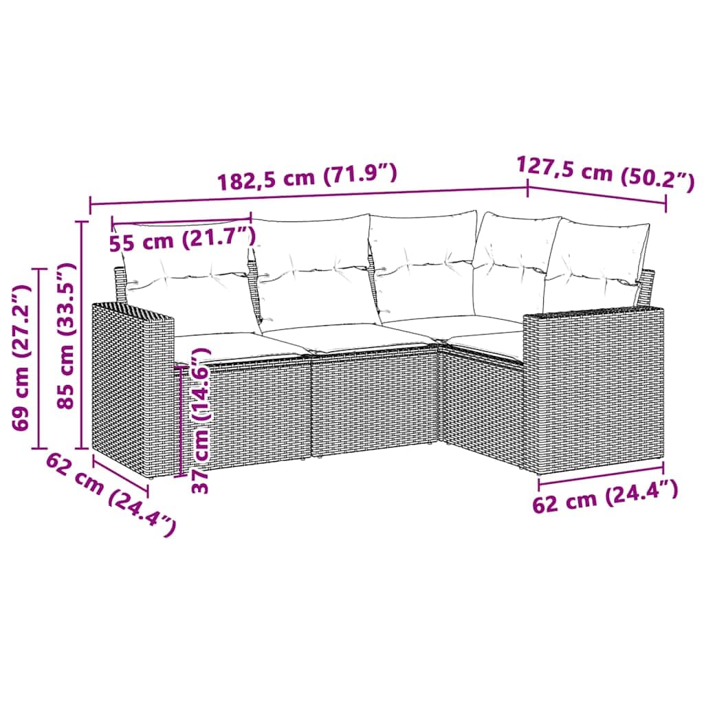Set Divano da Giardino 4 Pezzi con Cuscini Grigio Chiaro Rattan PE | Salotto modulare da esterno per terrazzo e patio con vano portaoggetti integrato e cuscini sfoderabili.