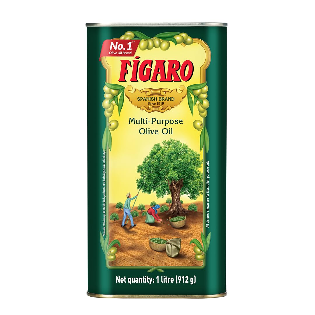 Fígaro Olive Oil- Pure Olive Oil-Daily Cooking Oil- Perfect for Indian Dishes- Curries, Gravy- Imported from Spain- 1L Tin