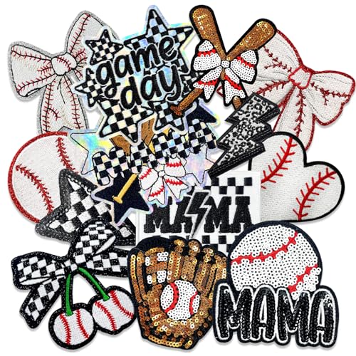 CY Iron On Patches Chenille Baseball Red Sequin MOM Embroidered Applique Large Patch Accessories DIY Decoration for Clothes Jackets Uniform Backpack