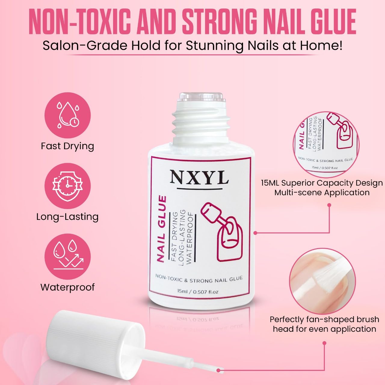Strong Brush on Nail Glue for Press on Nails - Fast Drying, Long-Lasting, Waterproof, Ideal for Acrylic Tips and Fake Nails, (15ml) Reliable Adhesive Glue for Professional & Home Use