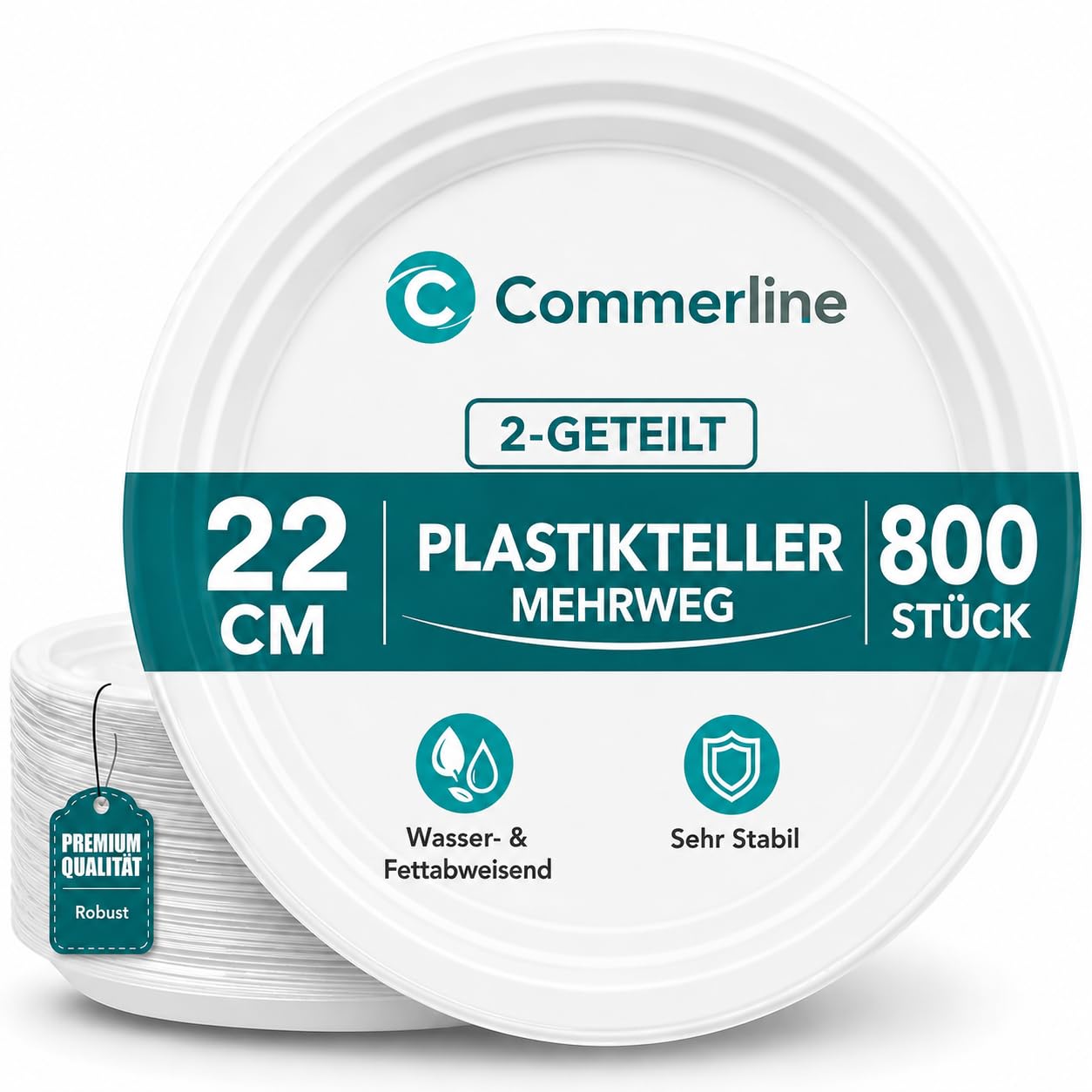 Commerline Piatti di Plastica Riutilizzabili A 2 Scomparti Ø22 cm, 800 Pezzi | Piatti Per Catering o Eventi Lavabili in Lavastoviglie | Stoviglie di Plastica Resistenti