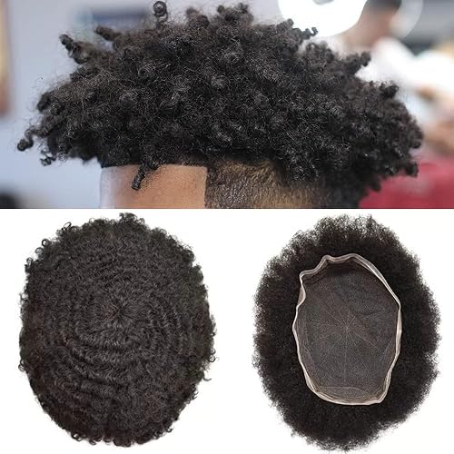 Miniatura 1 de Afro Toupee para hombre negro unidad de cabello humano real brasileño suave encaje completo pieza de cabello humano real sistema de reemplazo de