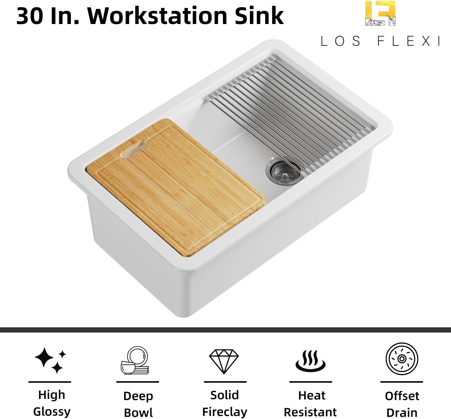 30"W x 19"D White Kitchen Sink with Offset Drain Opening, Los Flexi 30 Inch Fireclay Undermount Workstation Sink Single Bowl, Durable Dual Mount Sinks, Cutting Board, Grid, Strainer Included