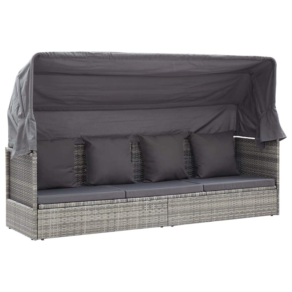 Wyspa słoneczna ogrodowa z dachem i poduszką z rattanu polietylenowego, 200 x 60 x 124 cm, odporna na warunki atmosferyczne, z metalowym stelażem, leżak relaksacyjny na taras, balkon, basen