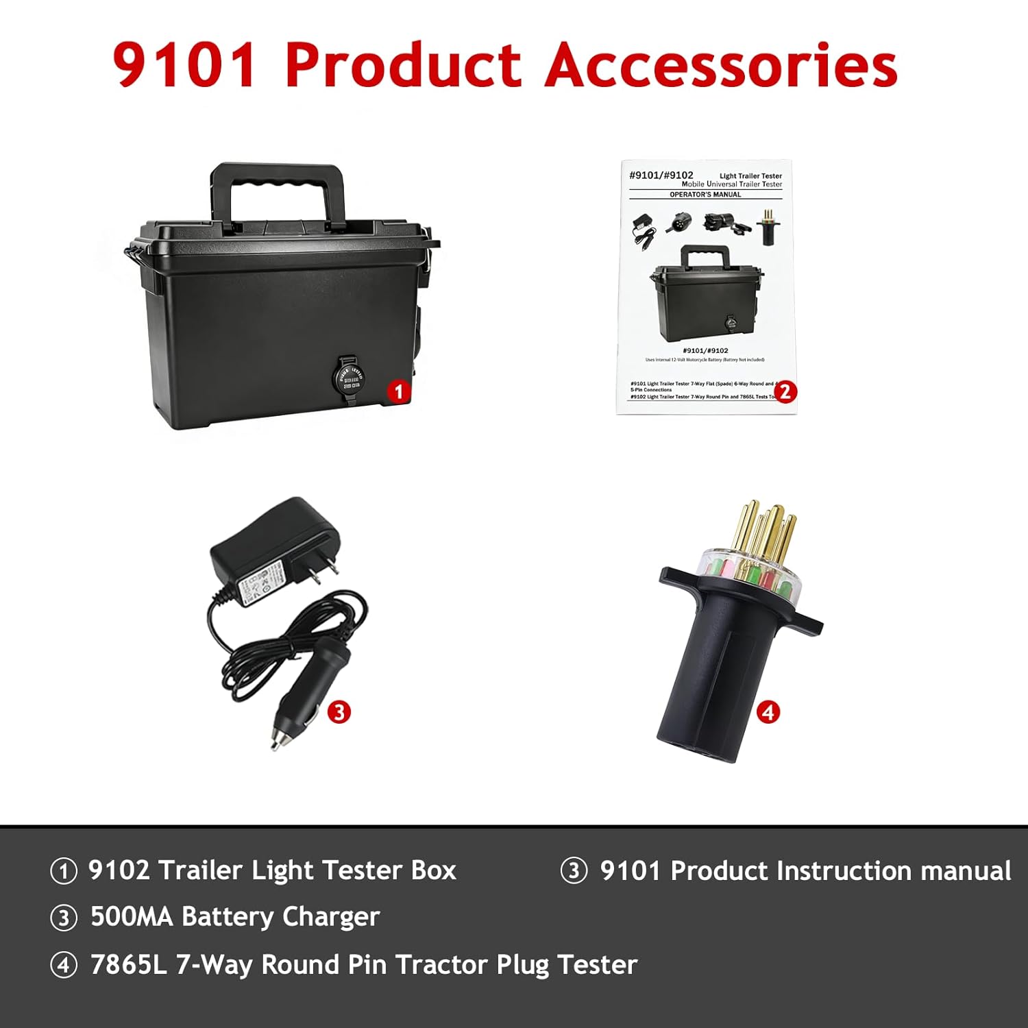 9102 Trailer Light Tester Box with 7-Way Round Pin (SAE J560) Fit for Commercial Tractor Trailers | with 7865L 7-Way Round Pin Circuit Tester and Charger | Light Test