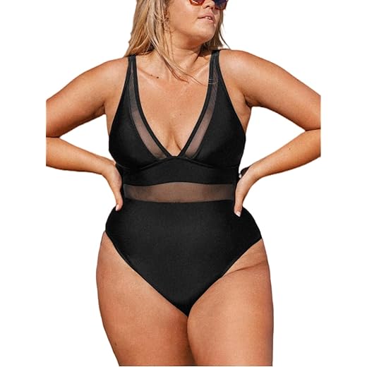 CUPSHE Women Plus Size One Piece Swimsuit V Neck Mesh Sheer Tummy Control Bathing Suit with Adjustable Wide Straps, 0X Black