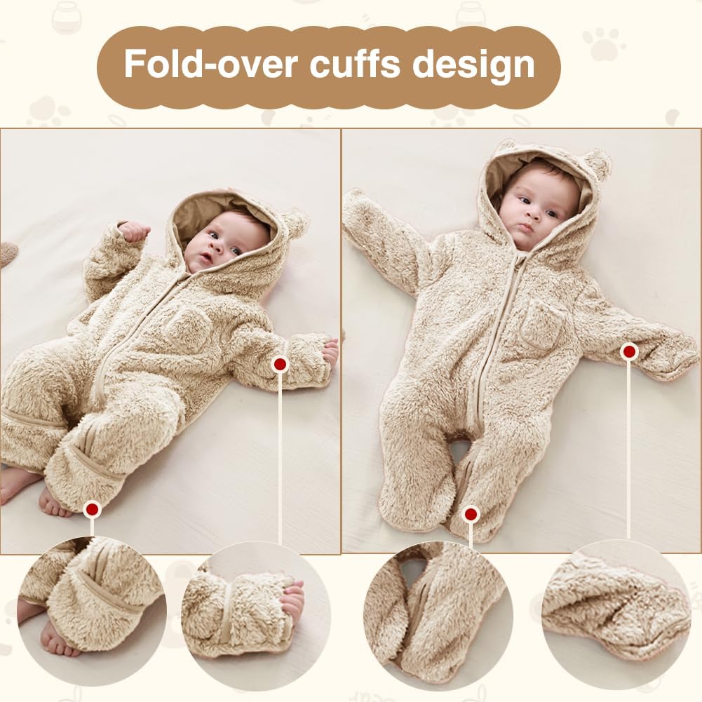 XIFAMNIY Newborn Baby Winter Snowsuit - Bear Outfit Fleece Warm Jumpsuit Romper Hooded Clothes for Infant Girls Boys - Image 2