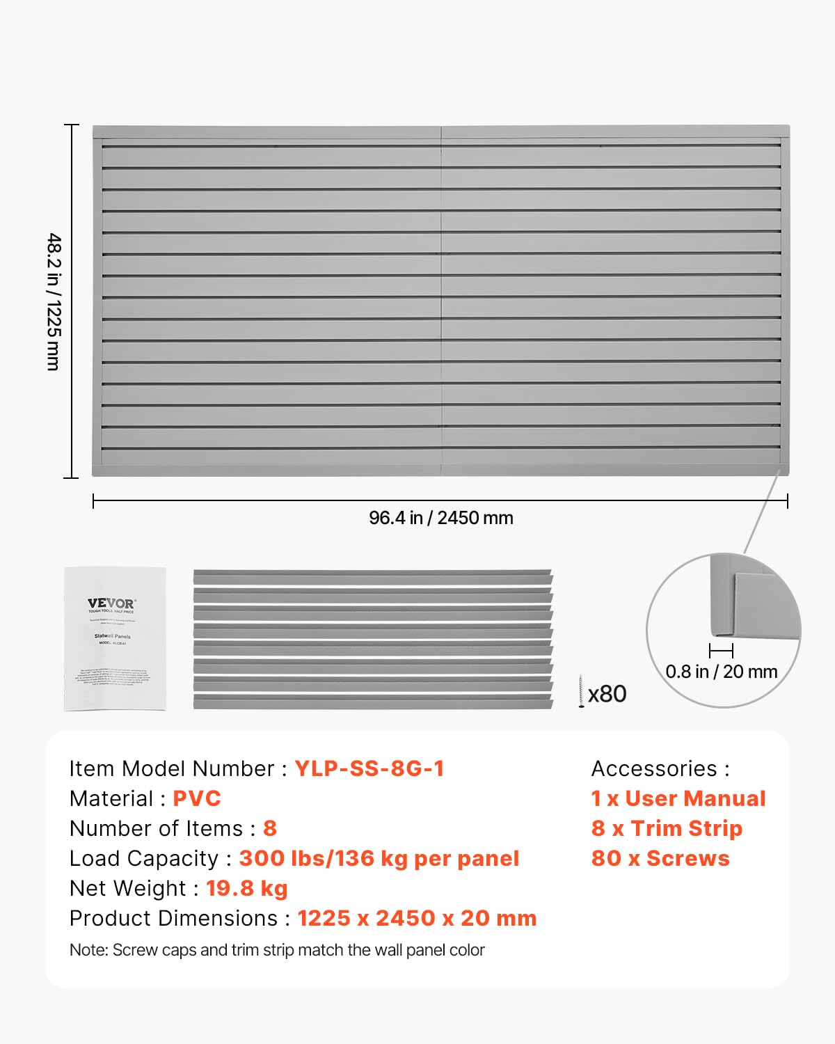 VEVOR Pannelli per Pareti a Doghe per Garage con Design Modulare, Pannello per Pareti a Doghe Regolabile, con Struttura di Accoppiamento e Taglio Fai da Te, Grigio 1225 x 2450 x 20 mm