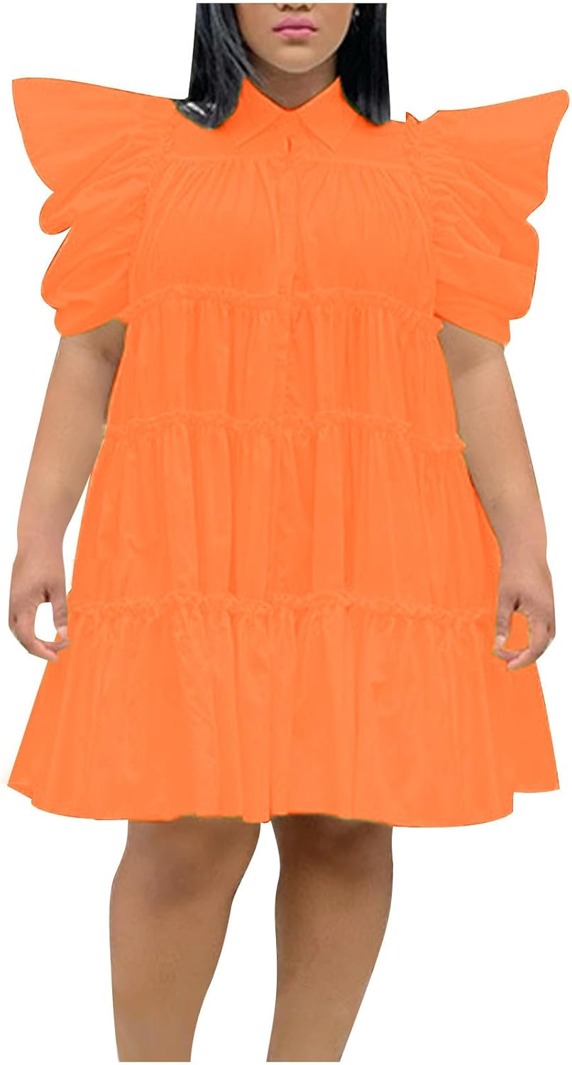 HGps8w Women's 2025 Summer Ruffle Sleeve Babydoll Dresses - Loose Lapel Button Down A-Line Tiered Cute Mini Dress