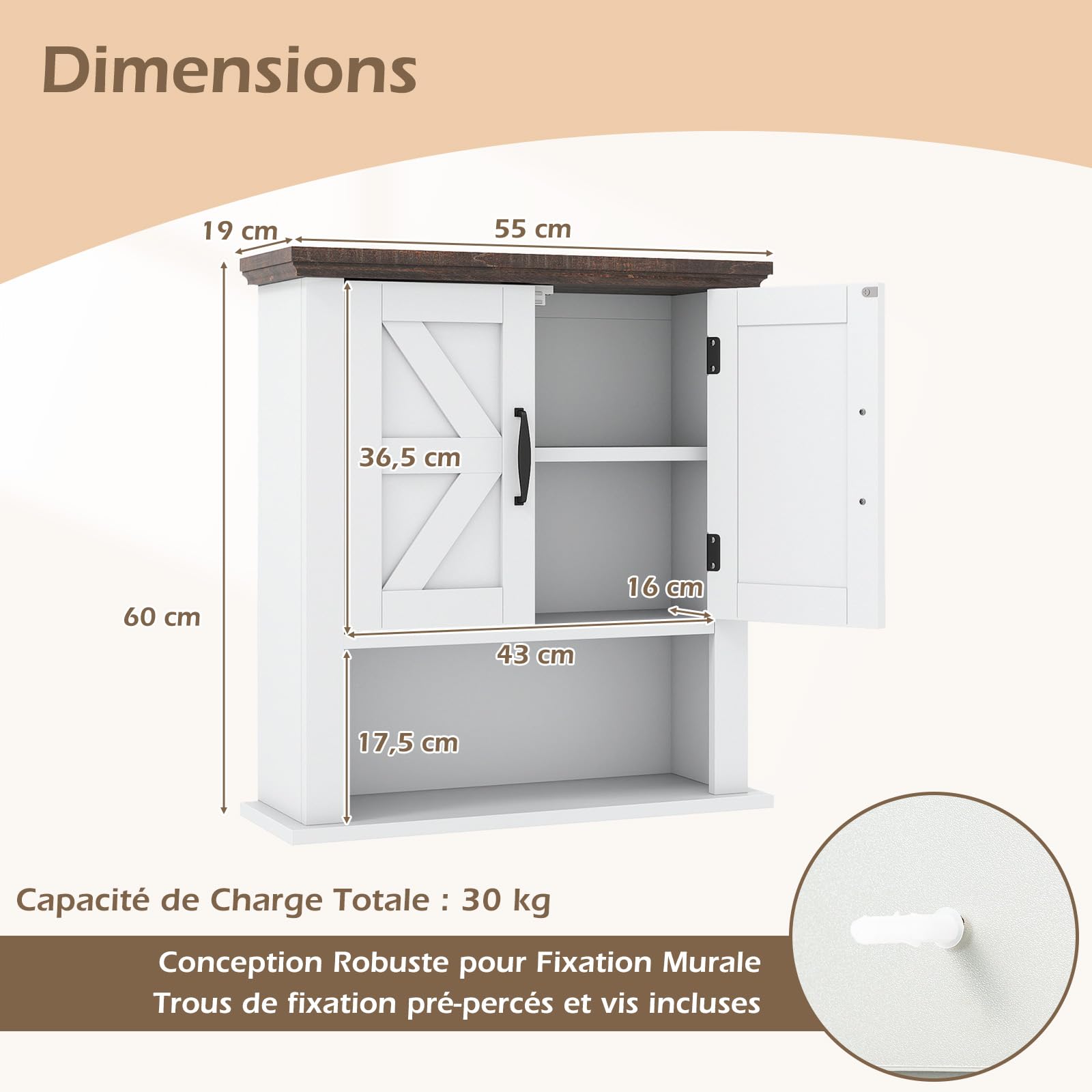 COSTWAY Armoire Murale Salle de Bain, Meuble WC Suspendu avec 2 Portes, Étagère Réglable, Compartiment Ouvert, Style Ferme, Placard de Rangement pour Toilette, Salon, 55 x 19 x 60 cm (Blanc)