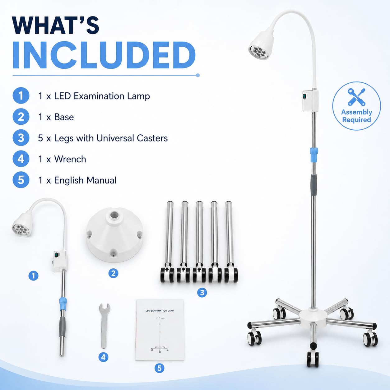 Lampe Chirurgicale Médicale Dentaire Rotation à 360° LED Lampe D'examen Chirurgical Type Support De Sol Avec Roues,Pour Usage Ambulatoire, Dentaire, Familial (Avec 5 roulettes)