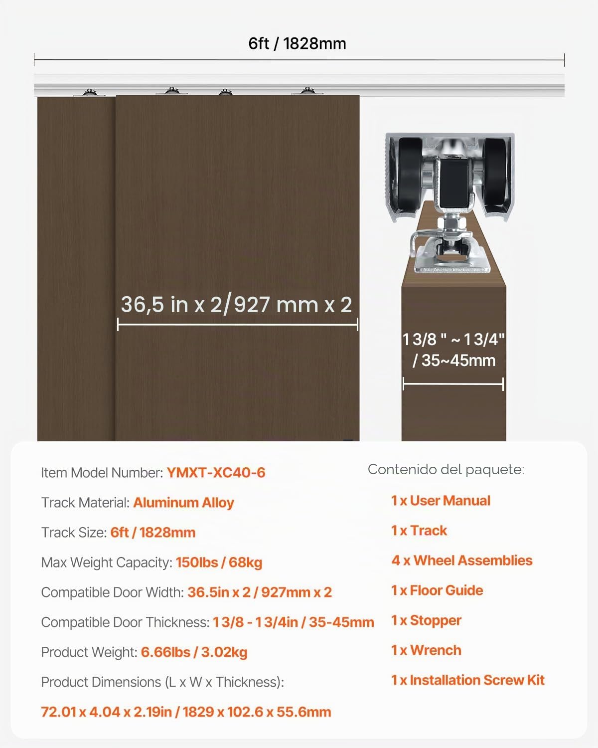 VEVOR Kit de Herrajes para Puertas Corredizas de 1828 mm de Aleación de Aluminio para Puertas Corredizas de Armario con Tiradores, para Sistema de 2 Puertas para Puertas de 35-45 mm de Grosor