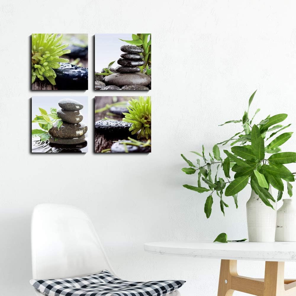 YPY Zen Bathroom Decor Meditation Canvas Wall Art, Water Stone and Green Plants Pictures for Yoga Spa and Office Calming, Relaxing Wall Art for Office Bedroom Living Room (16x16in, 4 Panels)