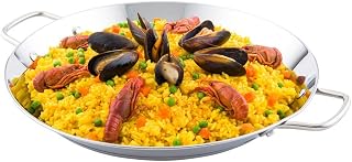 Restaurantware 10 Inch Spanish Paella Pan 1 Induction Ready Paella Pan - Heavy-Duty Riveted Handles Silver Stainless Steel Spanish Pan Dishwasher-Safe Paella Cookware For Homes or Restaurants