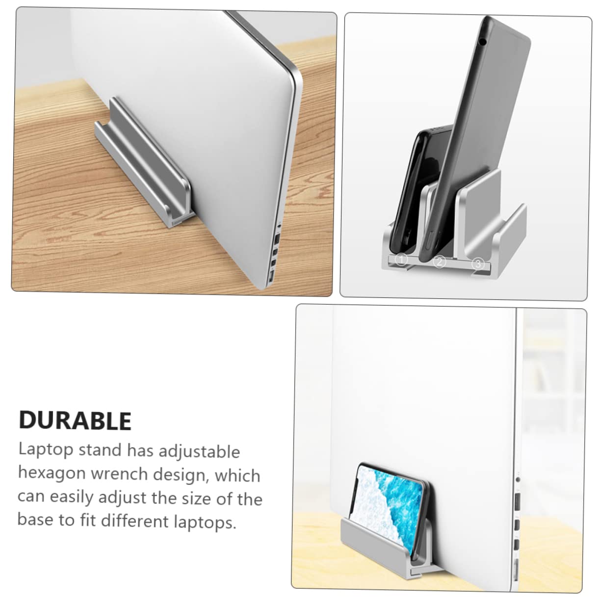 Supporto Verticale per Laptop a 3 Slot Regolabile in Alluminio Argento | Base Antiscivolo in Silicone, Apertura 13-38mm, Design da Scrivania per Telefono e Tablet