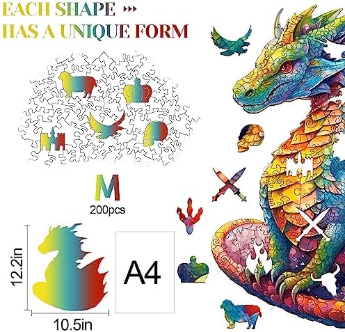 KAAYEE Wooden Jigsaw Puzzles, Wooden Dragon Puzzle Adult, Unique Shaped Wood Puzzles Advanced Animal Puzzle Gift for Christmas Adults Kids Family Game (12.2 * 10.5in, 200pcs) — view 3