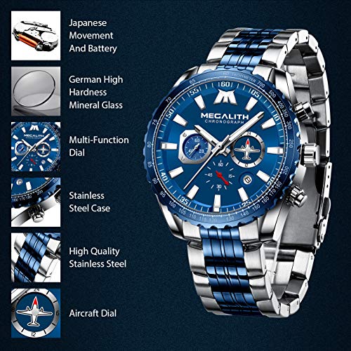 Image of MEGALITH Wrist Watches for Man Analog: Classic Waterproof Two Tone Stainless Steel Chronograph Dial Quartz Date Luminous Hands Mens Casual Watches