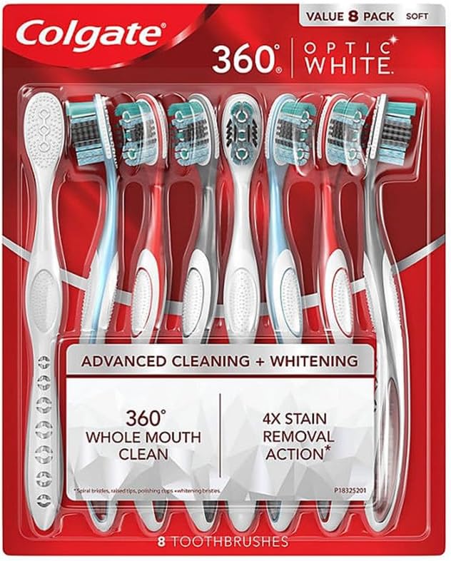 Colgate 360 Whole Mouth Clean Optic White, Advanced Cleaning + Whitening Soft Charcoal Infused Spiral Bristles - 8 Toothbrushes