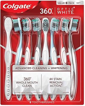 Colgate 360 Whole Mouth Clean Optic White, Advanced Cleaning + Whitening Soft Charcoal Infused Spiral Bristles - 8 Toothbrushes