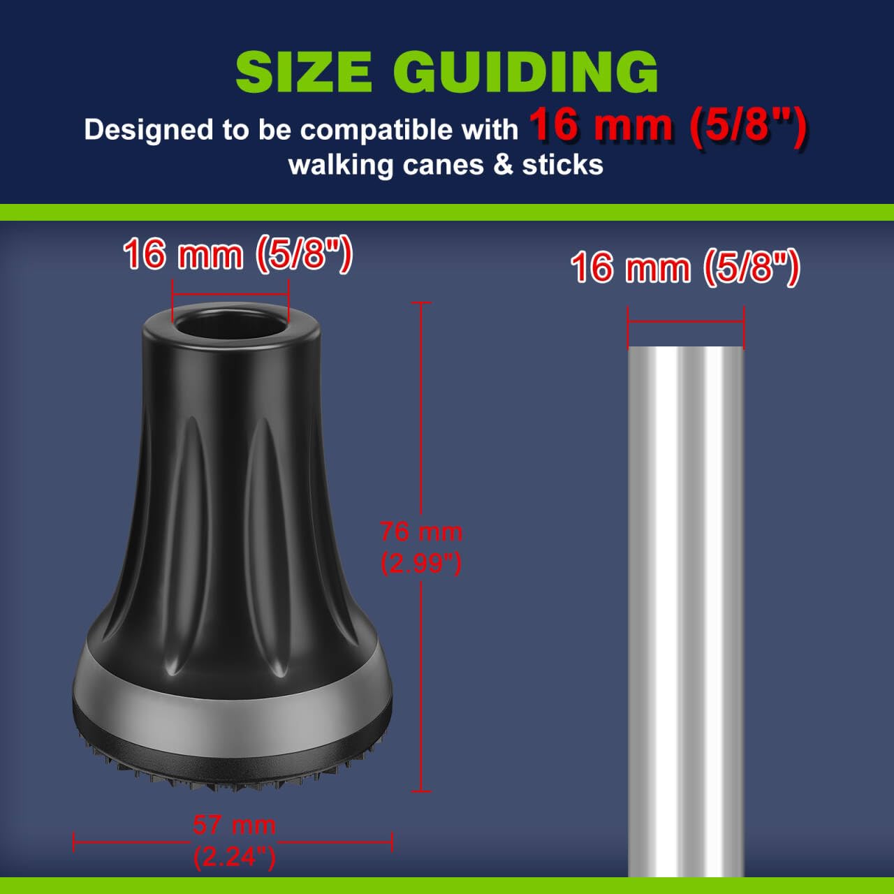 supregear Puntali per Bastone 16 mm (Confezione da 2), Tappi in Gomma Antiscivolo 5/8 inch (16 mm) di Ricambio per Bastoni da Passeggio e Trekking Anziani, Nero