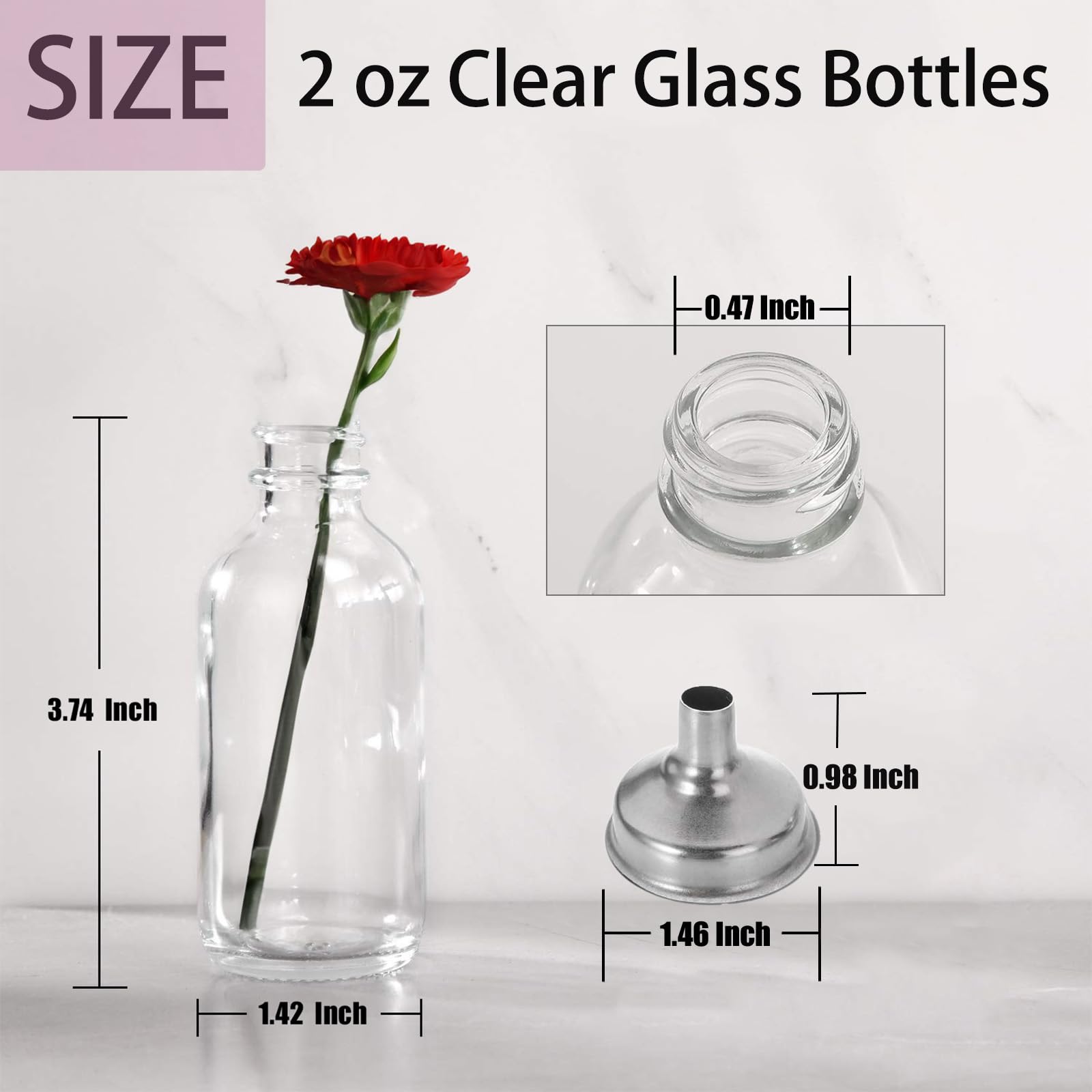 DIDITIME Confezione da 12 piccole bottiglie in vetro trasparente da 60 ml con coperchi e 2 imbuti, bottiglie rotonde Boston da 60 ml per pozioni, succhi, colpi di zenzero, oli, whisky, colpi di