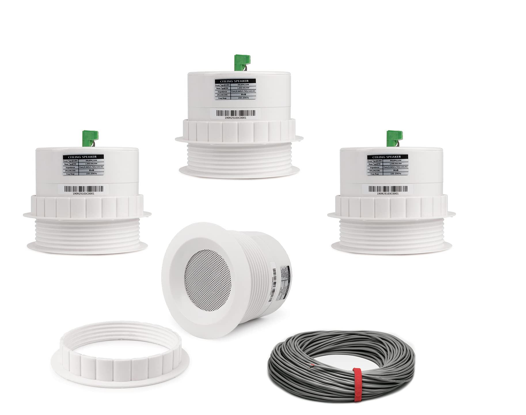 Pure Resonance Audio 3 Inch 70 Volt Ceiling Speaker Bundle with Installation Wire - Contractor Pack (4 Speakers)