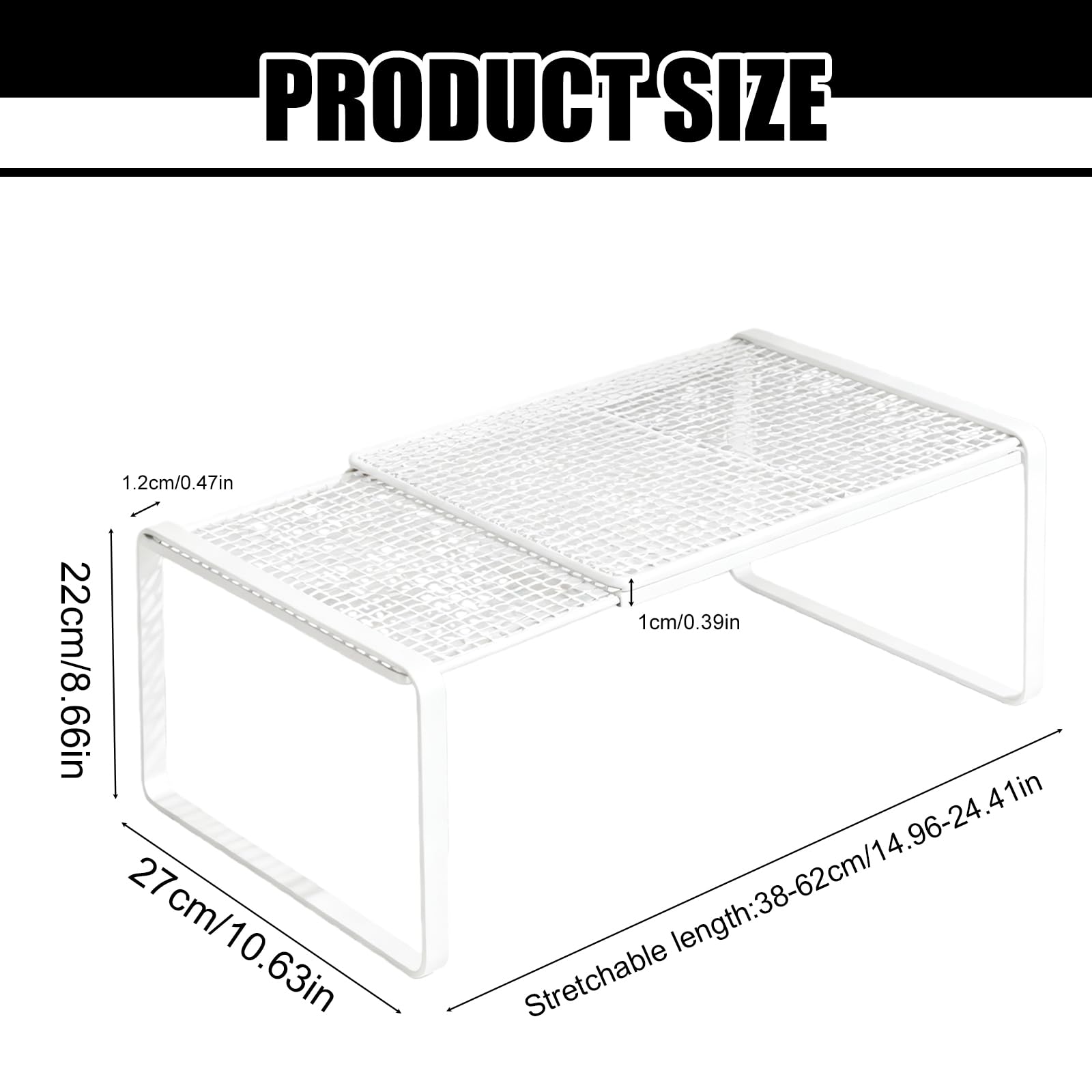 Scaffale estensibile per armadio telescopico, 38-62 cm, larghezza 27 cm, altezza 22 cm, impilabile, organizer per spezie per armadi da cucina e piani di lavoro, banconi, dispensa
