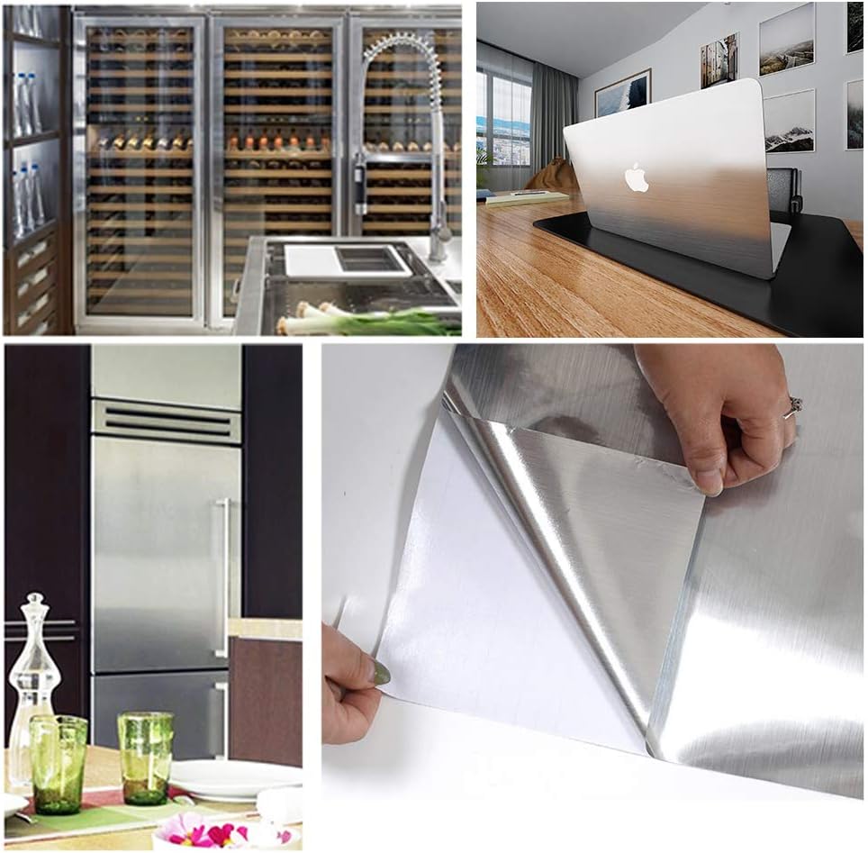 Hopepak Stainless Steel Contact Paper Peel and Stick Waterproof Silver Metallic Wallpaper Self Adhesive Removable Vinyl Roll for Kitchen Cabinet Refrigerator Dishwasher Countertop 17.3''x78.7''