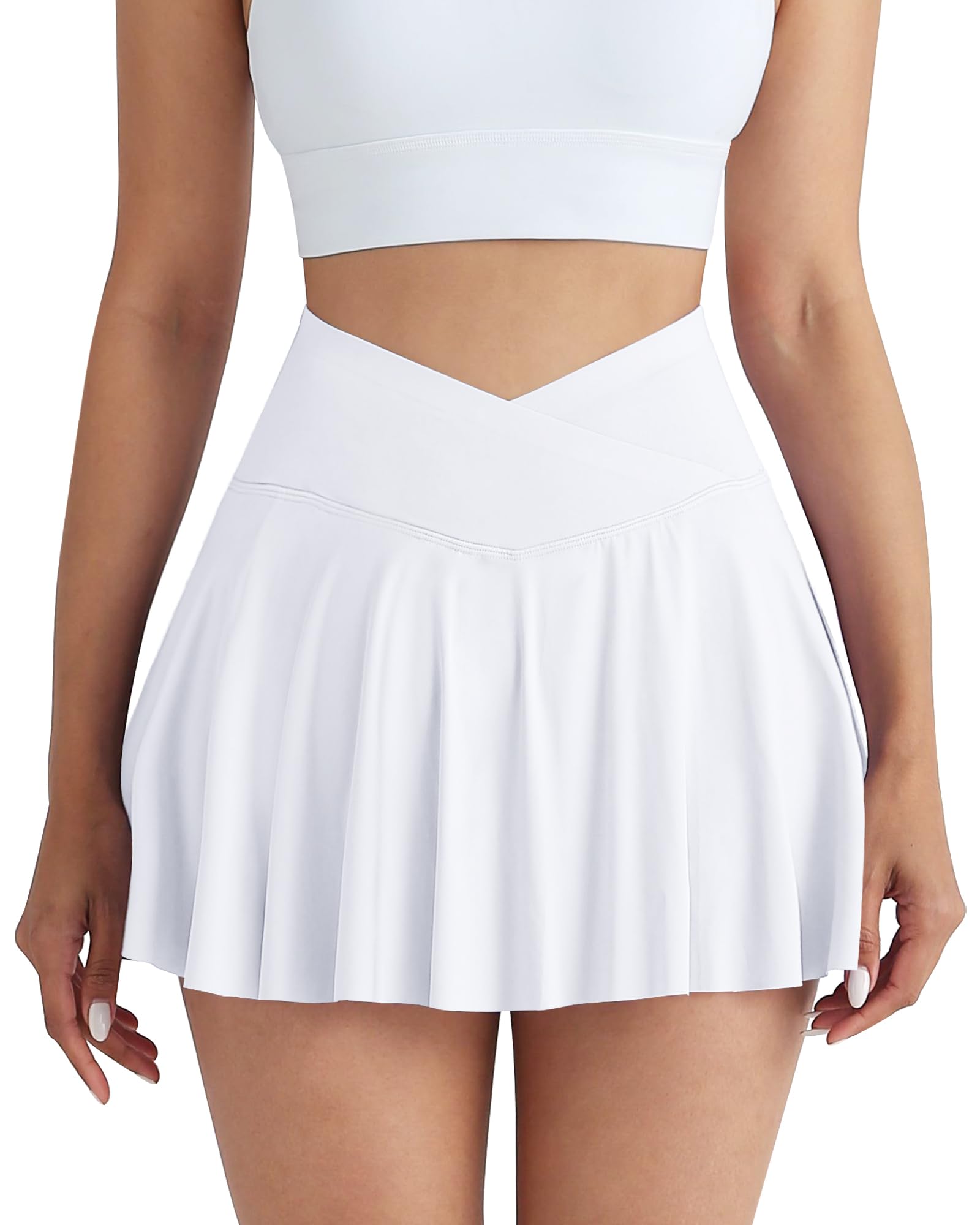 CHRLEISURE Women Tennis Golf Skirt with Pockets - High Waisted Crossover Golf Pleated Athletic Workout Dress Running Skort