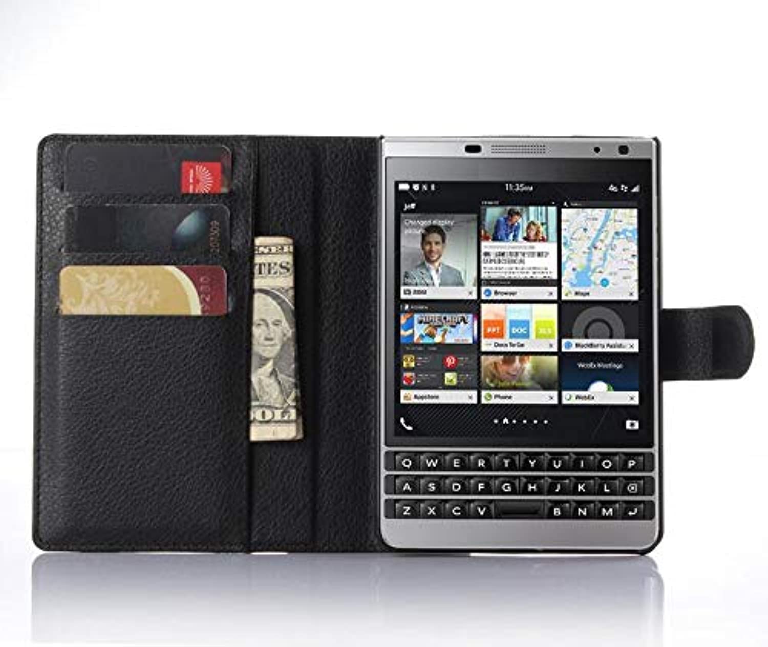 Blackberry Passort Silver Edition leather shockproof case lichee pattern leather wallet cover holder HMP1 black