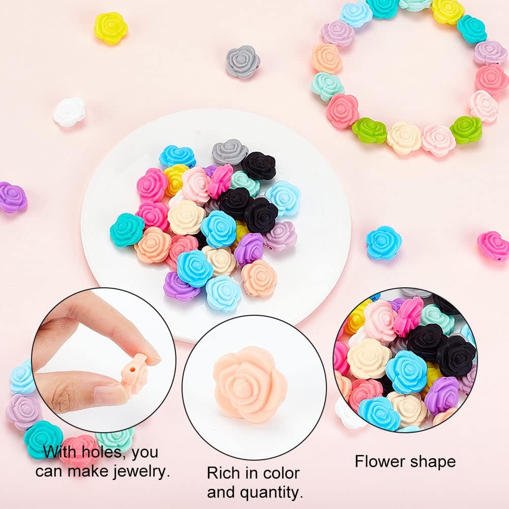 DICOSMETIC 60Pcs 15 Colors Rose Flower Beads Bulk 0.8"x0.5" Flower Silicone Beads Flowers Rubber Bead Silicone Focal Loose Bead for DIY Earring Necklaces Bracelet Jewelry Making, Hole: 2mm - Image 4