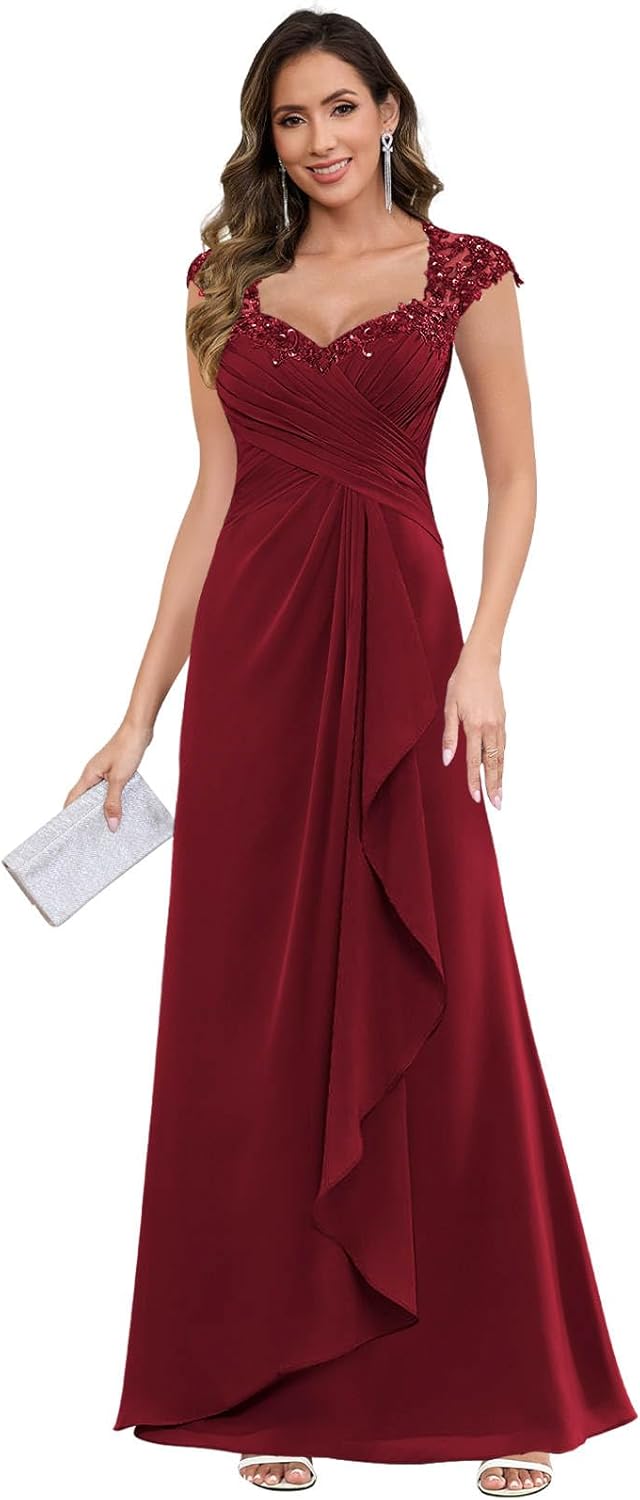 Cap Sleeve Mother of The Bride Dresses V Neck Chiffon Lace Formal Gown Long Ruffle ...