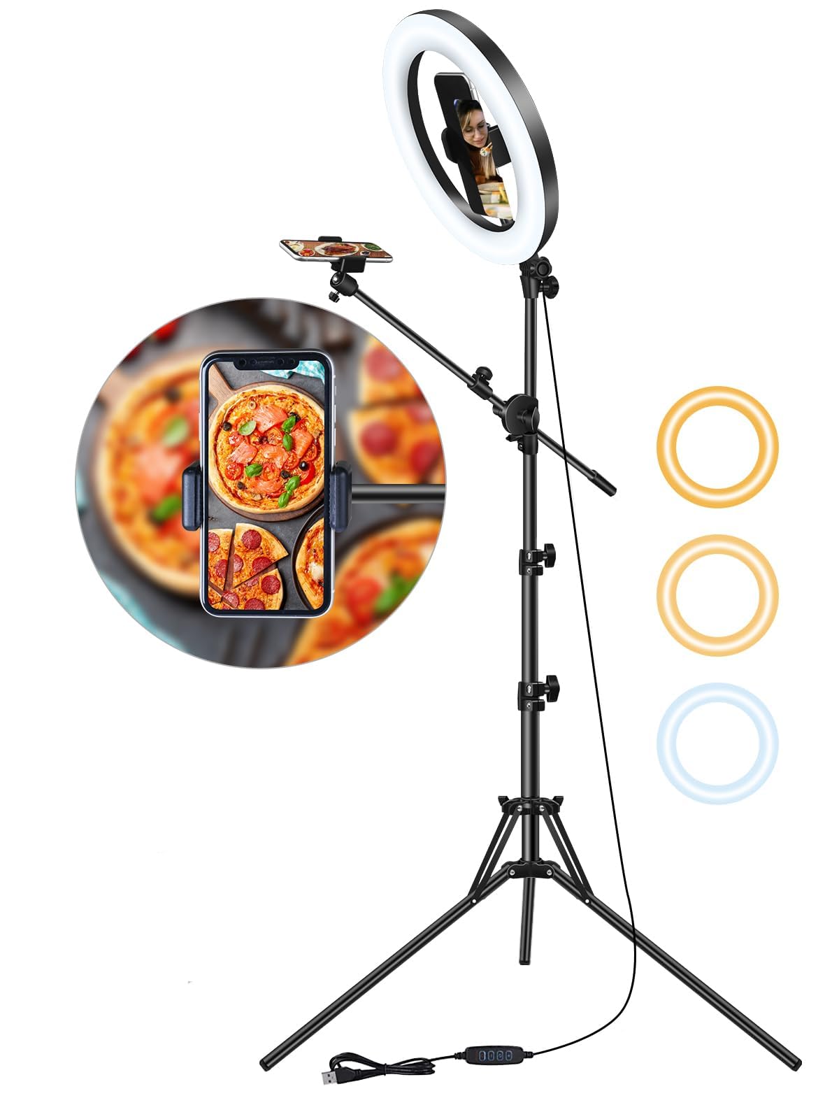 LUXSURE 10.5" Ring Light with Tripod, Overhead Phone Tripod with Ring Light, Smartphone Tripod with Light Features 2 shooting positions, ideal for vlogs, photography, live streams, makeup, and cooking