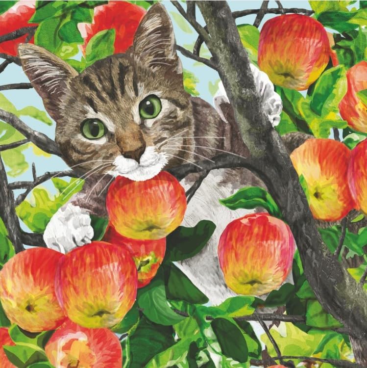 Set of 20 Individual Decoupage Paper Party Napkins Apples Cat Lunch Watercolor Decor Luncheon Beverage Christmas Series Napkin for a Birthday, Holiday, Wedding, Cocktail Party