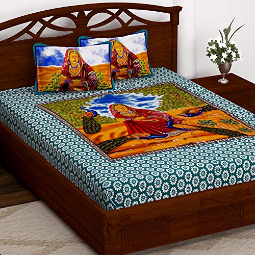 Image of Story@Home Vintage Jaipuri Collection 152 TC Cotton 1 Bedsheet for Double Bed and 2 Pillow Cover - Floral, Blue