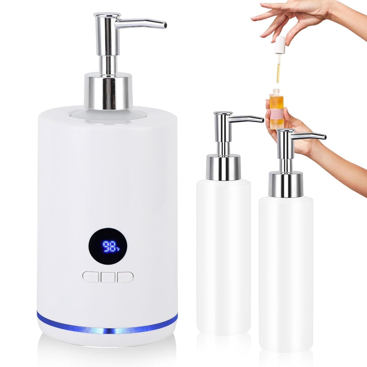 Calentador de aceite de masaje, 250 ml, calentador de aceite de masaje con indicador LED, dispensador de 3 botellas de aceite, loción corporal automática calentada, dispensador de crema, dispositivo