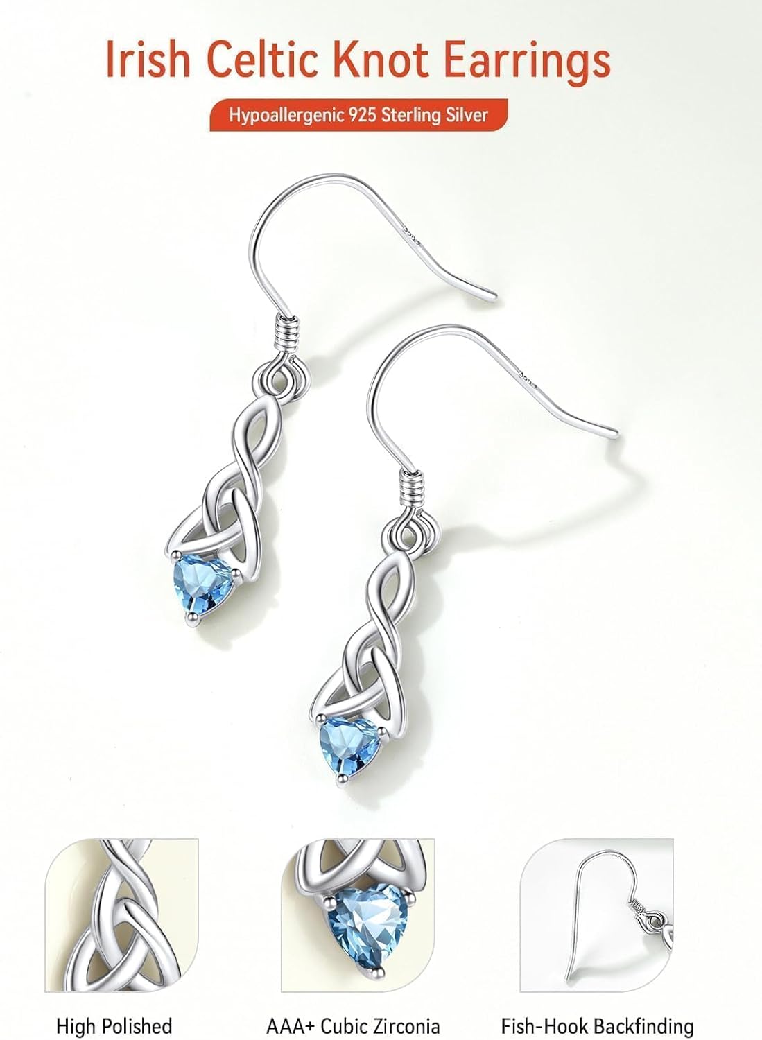 FaithHeart 925 Sterling Silver Earrings for Women, Birthstone Celtic Knot Heart Hypoallergenic Dangle Drop Earrings, Gift Box