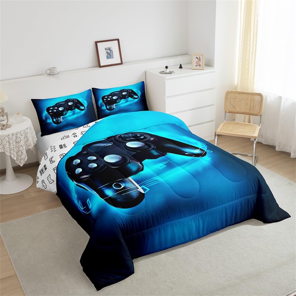 Feelyou Gamer Bedding Set for Boys Full Size Comforter Set Kids Gaming Comforter Blue Gamer Room Decor Video Game Gamepad Bed Set Teens Teenage Bedding Soft Warm 1 Comforter with 2 Pillowcases - Image 4
