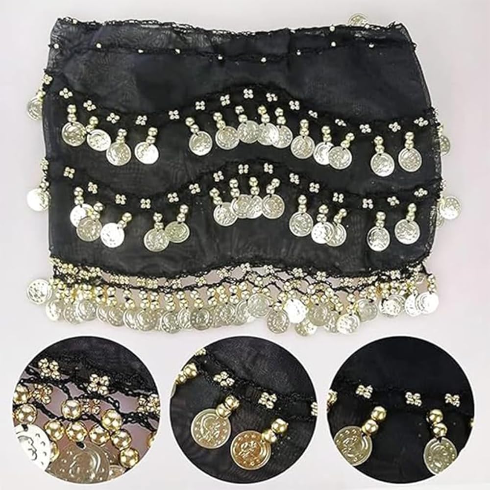Dirair Women Belts Belly Dance HipScarf with Coins (Black, One size)