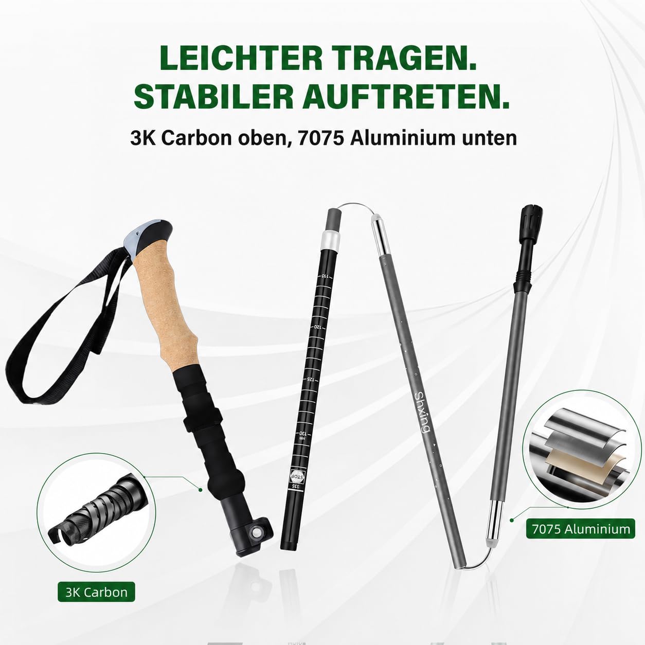 Składane kijki trekkingowe, zestaw 2 sztuk, wymiary po złożeniu tylko 35 cm, lekkie i stabilne, regulacja 110-135 cm, włókno węglowe 3K i aluminium 7050, uchwyt korkowy z przedłużeniem EVA, w