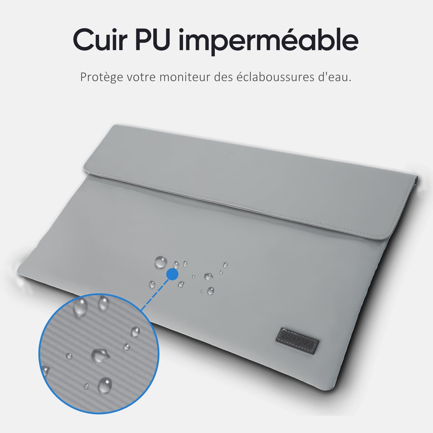 ARZOPA Sac d'ordinateur 16.1", Cuir PU, Matériau et Base imperméables, Doublure Douce, Fermeture par Bande Auto-agrippante, Rangement Enroulable, Facile à Transporter (Gris)