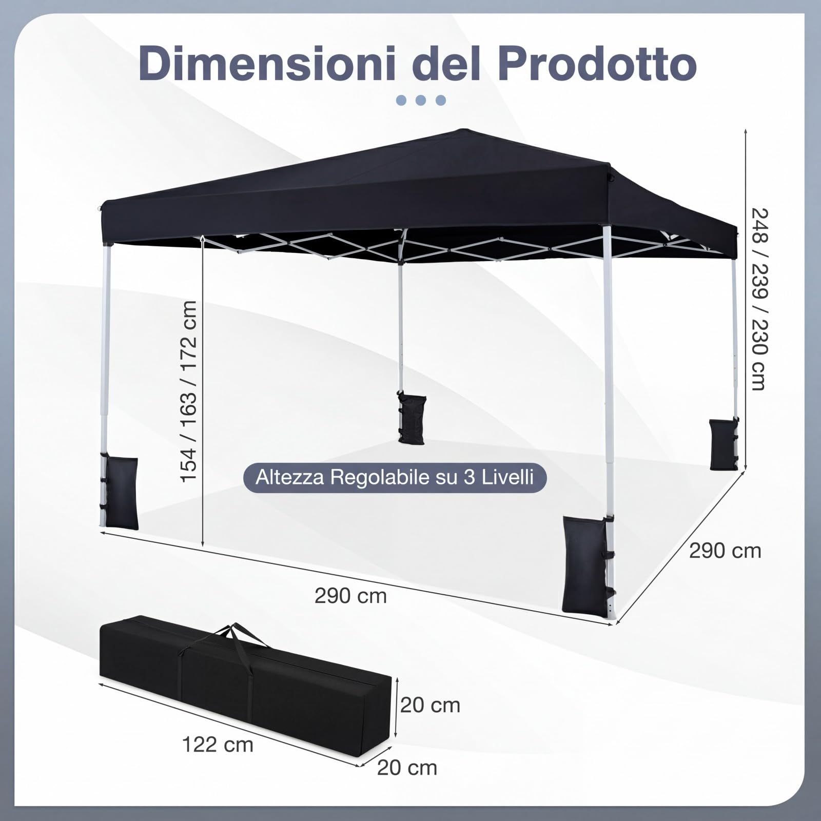 COSTWAY Gazebo da Esterno Pieghevole 290 x 290 cm, Gazebo Pop up con 4 Sacchi di Sabbia e Borsa da Trasporto, Regolabile in Altezza, Telaio Robusto in Metallo, per Mercato, Campeggio (Nero)