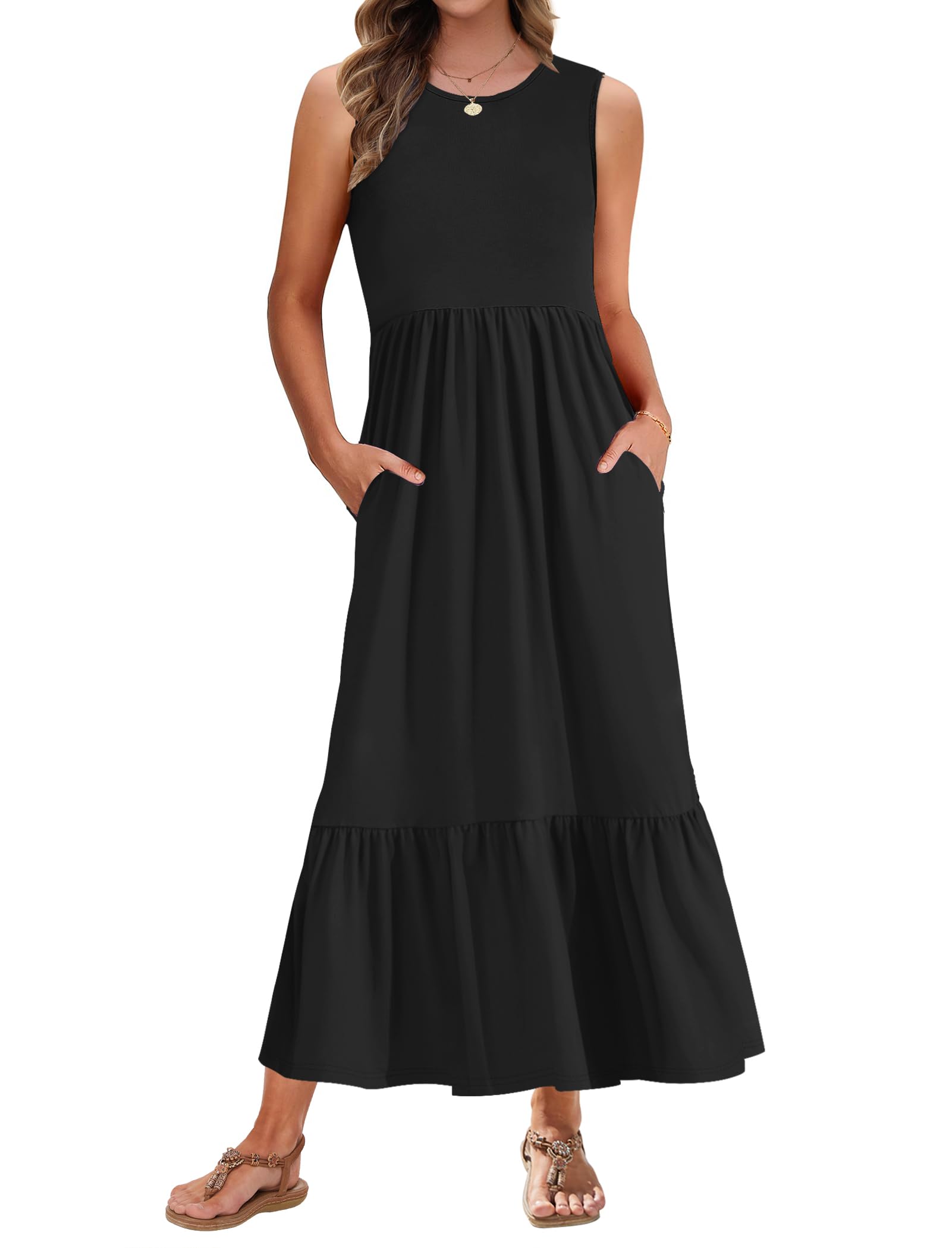 PLMOKEN Sommerkleider Damen Strandkleid Maxikleid - Lang Freizeitkleid Ärmellos leicht und luftig Leicht und Luftig Rundhals Geblümtes Tank Top Kleid