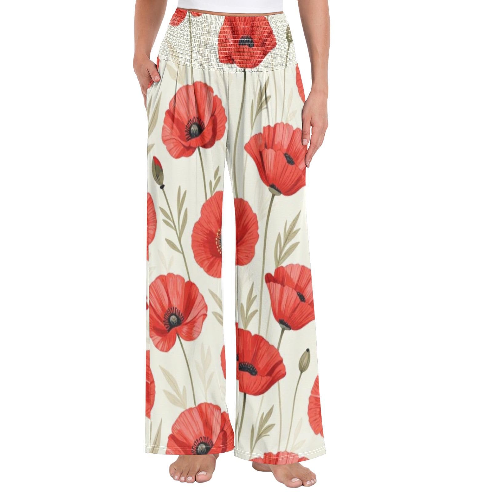 Pantalones largos casuales con patrón de tulipanes rojos para mujer, resistentes a las arrugas, viajes casuales