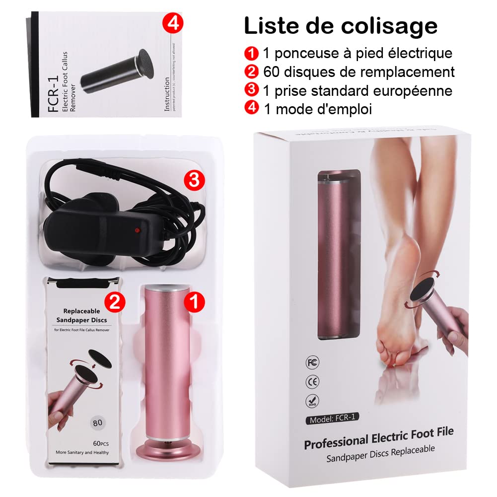 Rallador de pies pedicura Eléctrico Anticalesidad Lima Pies Eléctrico para Cuerno (velocidad ajustable) con 60 almohadillas de repuesto para mujeres hombres pedicuras, sin necesidad de batería (Rosa)